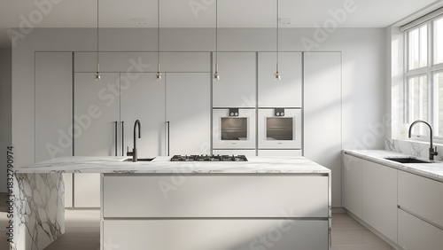 Waterfall Marble Nordic Kitchen. Perfect for: Builders, developers, luxury interior sets