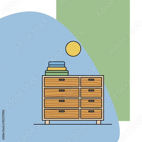 Minimalist illustration of a wooden chest of drawers with books.