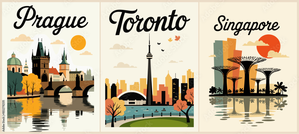 Fototapeta premium Vintage travel poster-style triptych of Prague, Toronto, and Singapore with minimalist art deco cityscapes, geometric shapes, and limited orange, brown, green, and black palette