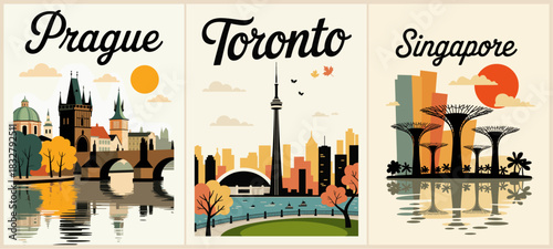 Vintage travel poster-style triptych of Prague, Toronto, and Singapore with minimalist art deco cityscapes, geometric shapes, and limited orange, brown, green, and black palette