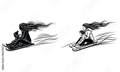Family sledding silhouette