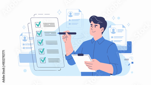 man with a clipboard completing a checklist, vector illustration for task management, recruitment agencies, compliance training