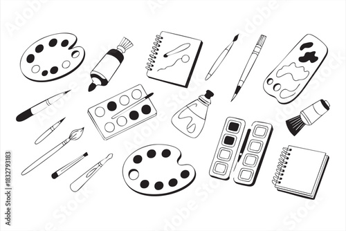 Art paint and drawing tools outline illustration for creative studio visuals