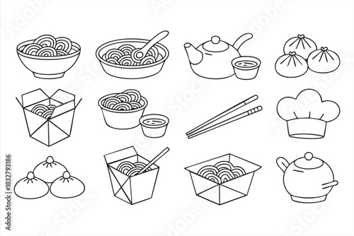 Chinese food takeout and dim sum outline artwork for culinary graphics and packaging