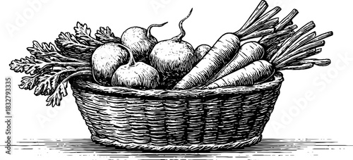 Vintage engraving of a basket filled with vegetables for culinary art and decor