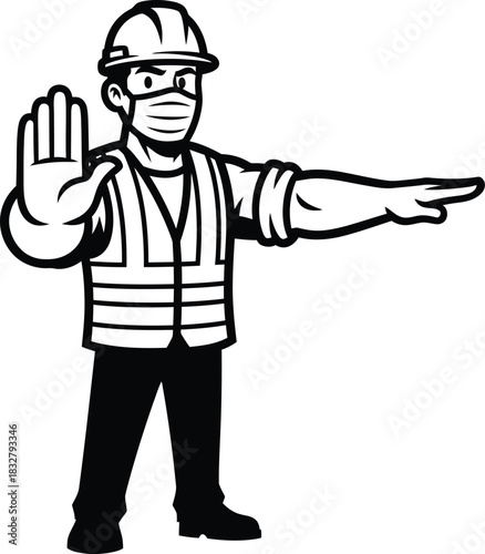 A construction worker wearing a hard hat face mask and safety vest signaling with a stop hand gesture.