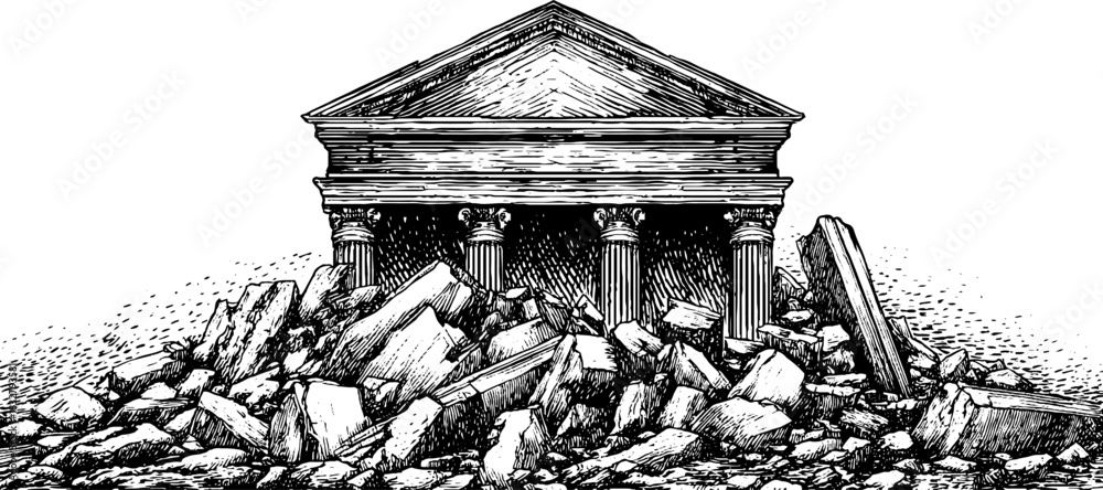 Fototapeta premium Classical ruins with columns and pediment in vintage engraved style