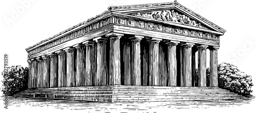 Classical architectural engraving of ancient building with columns for design and decor