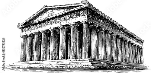 Engraved decorative illustration of classical architecture for design and print use