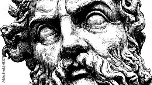Engraved decorative illustration of classical bearded male face for retro art and design
