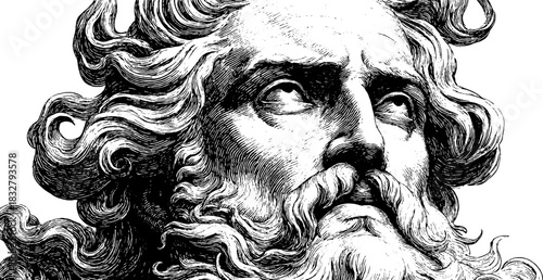 Classical bearded male portrait engraving with decorative elements for artistic design