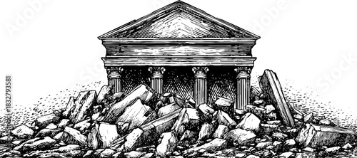 Classical ruins with columns and pediment in vintage engraved style