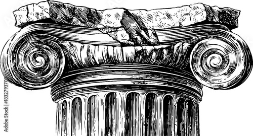 Classical fluted half column with decorative scrolls - engraved architectural design