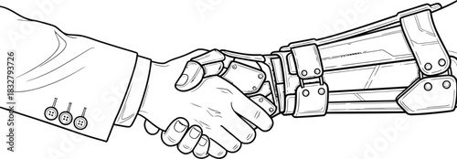 A detailed black and white line drawing of a human hand in a suit shaking a complex mechanical robotic arm.