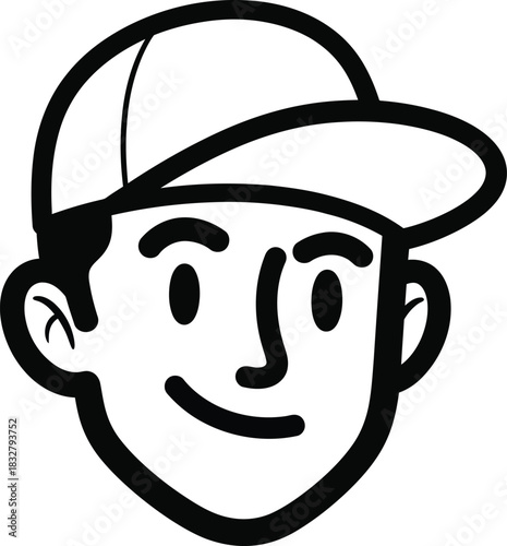 A friendly smiling cartoon face of a young man wearing a backwards baseball cap depicted in bold black and white line art.