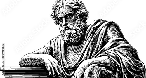 Engraved decorative illustration of a classical statue silhouette for retro design