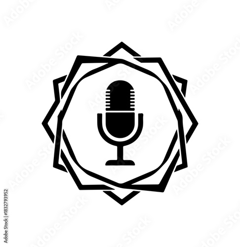 Podcast microphone logo icon with modern geometric frame for audio recording services