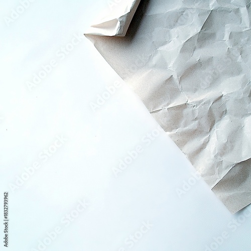 Close-up of a crumpled brown paper corner on a white background, creating an abstract texture.