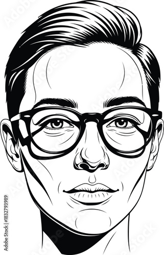 Black and white graphic portrait of a young man with a stylish haircut and thickframed glasses.