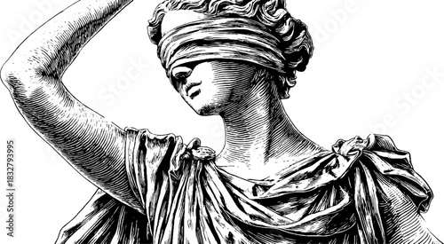 Classical blindfolded statue engraving - detailed decorative art for vintage design