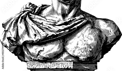 Classical stone torso sketch - decorative engraved art for design projects