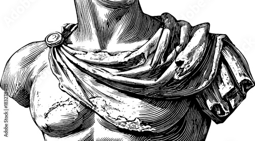 Engraved decorative illustration of a classical stone torso for art design