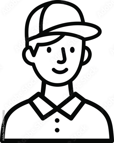 Black and white line art icon of a young man wearing a baseball cap and collared shirt.