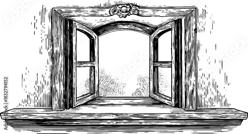 Engraved decorative illustration of a classical open window frame for retro design
