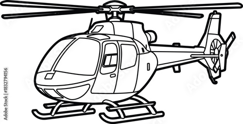 Black and white line art illustration of a modern light utility helicopter with landing skids.