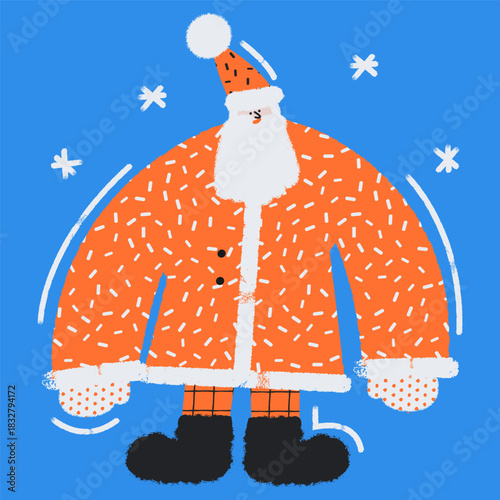 Playful Santa Claus wearing a bright orange patterned coat on a clean blue background with simple snowflakes. Perfect for Christmas cards, festive designs, children’s projects, packaging