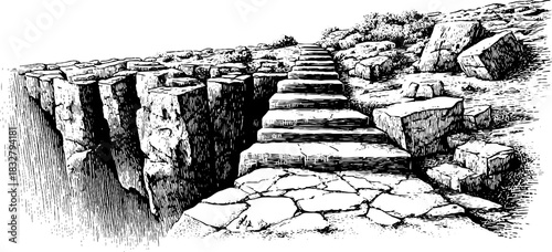 Vintage engraved illustration of a rocky cliff pathway with stone stairs - retro design for print or poster