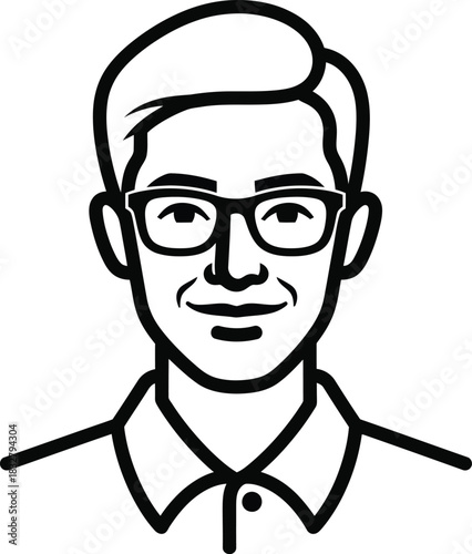 Black and white line art portrait of a smiling man wearing thickrimmed glasses and a collared shirt.