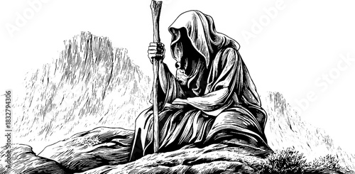 Cloaked mountain traveler in vintage engraved style for design and decor