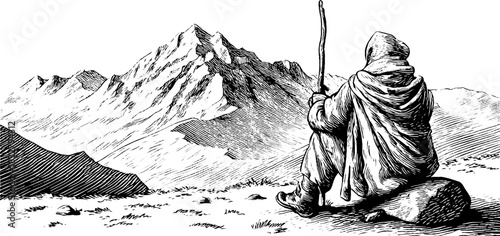 Cloaked mountain wayfarer engraving - vintage illustration design for poster or card