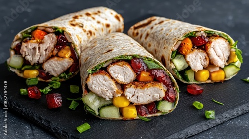 Close-up shot of three chicken wraps with various fillings, arranged on a black slate plate. The wraps are filled with chicken, vegetables, and fruit, showcasin