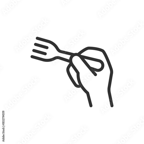 Hand holding fork, linear icon. Eating gesture or food tasting. Line with editable stroke.