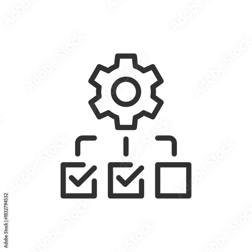 Gear and checkboxes, linear icon. Task automation and process optimization. Line with editable stroke.