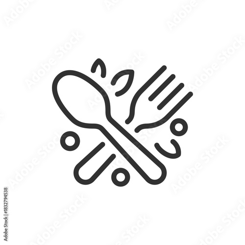 Spoon and fork with leaves, linear icon. Healthy food and organic nutrition. Line with editable stroke.