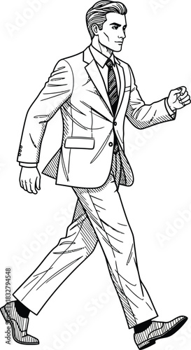 Confident businessman in a formal suit and tie walking detailed black and white line art illustration.