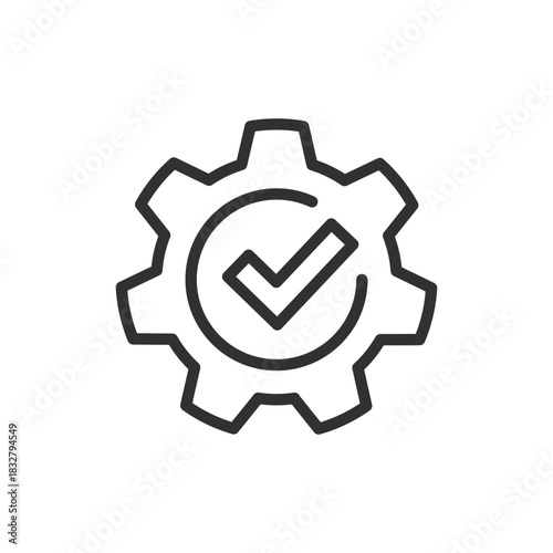 Gear with checkmark, linear icon. System configuration completed successfully. Line with editable stroke.