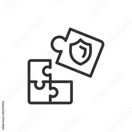Puzzle pieces with shield, linear icon. Medical data protection and integration. Line with editable stroke.