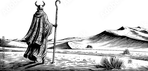 Engraved illustration of mystical desert god in sand dunes for cultural and artistic design