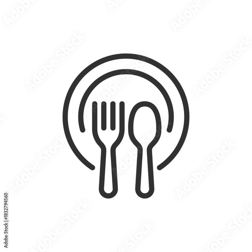 Plate with spoon and fork, linear icon. Meal served with cutlery. Line with editable stroke.