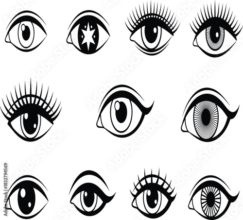 Black Vector Illustration of Female Eyes with Dramatic Eyeliner Bold Eyebrows and Long Lashes Stylized Makeup Expressive Look