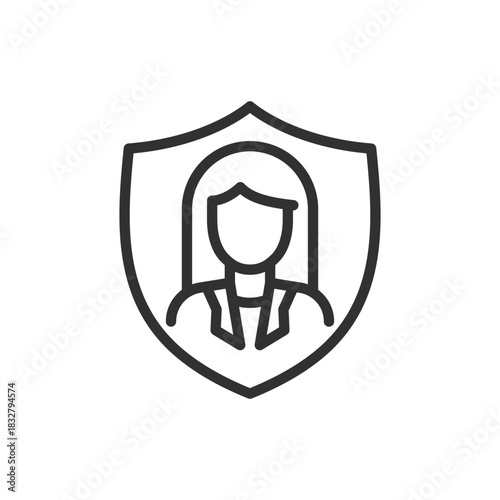 Woman in shield, linear icon. Business protection and security. Line with editable stroke.