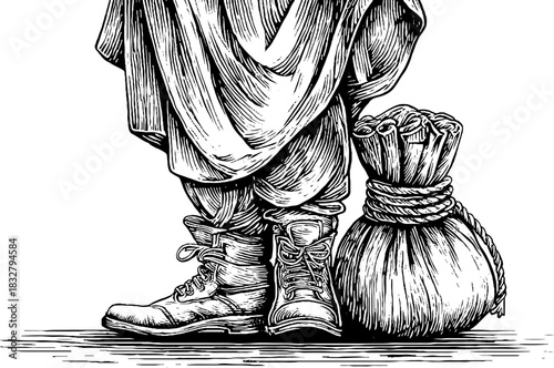 Vintage traveler with bag engraving - decorative hand drawn illustration for retro design