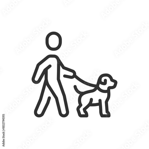 Person walking dog, linear icon. Pet care and outdoor activity. Line with editable stroke