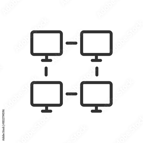 Computer network, linear icon. System connection and data exchange. Line with editable stroke.