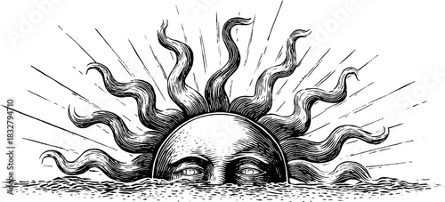 Vintage decorative engraving of drifting sun and haze for artistic design