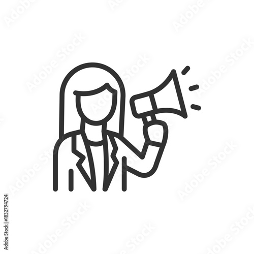 Businesswoman with megaphone, linear icon. Leadership, communication and public speaking. Line with editable stroke